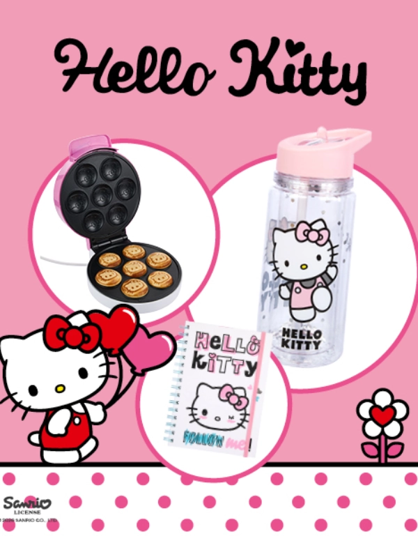 Barevný obrázek s motivem Hello Kitty, na kterém je láhev na vodu, zápisník a vaflovač, vše na růžovém pozadí.