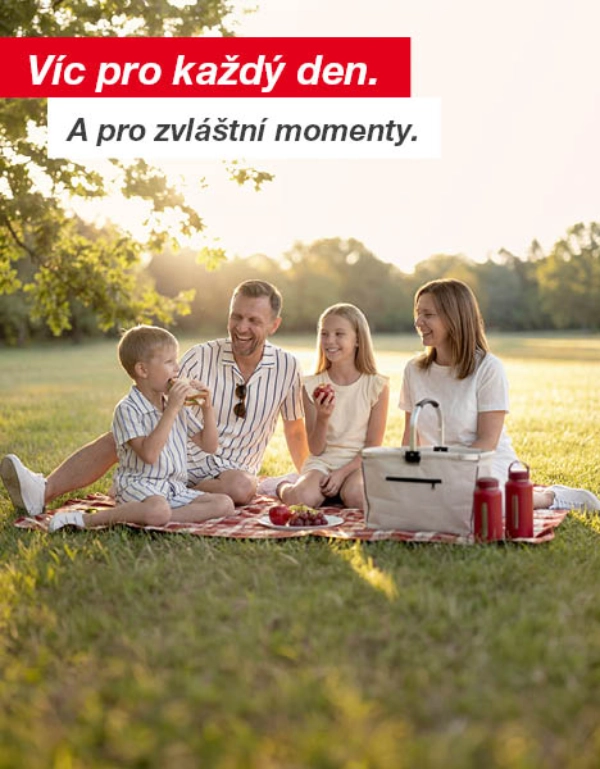 Čtyřčlenná rodina si užívá piknik na dece ve slunném parku se stromy a otevřenou travnatou plochou.