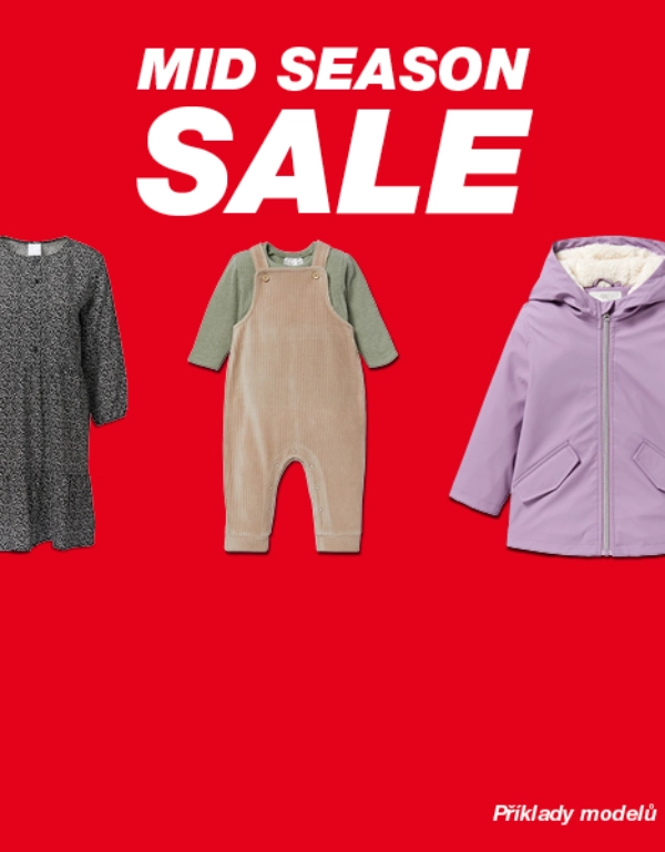 Mid Season Sale Banner s dětským oblečením a a velký nápisem SLEVA na červeném pozad