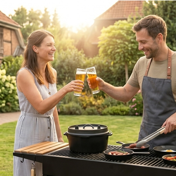 Muž a žena si přiťukávají sklenicemi u grilu v zahradě s květinami, v pozadí cihlový dům.