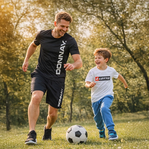 Muž a dítě radostně běží spolu po travnatém hřišti a kopou do fotbalového míče v teplém slunečním svitu.