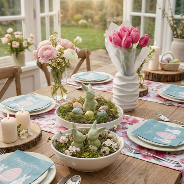 Krásně prostřený jídelní stůl s květinovými aranžmá, svíčkami a pastelovou dekorací, zalitý teplým slunečním světlem z velkých oken.