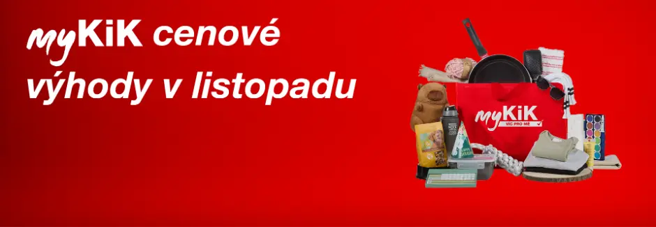 Reklamní fotografie pro myKiK, která zdůrazňuje speciální nabídky s výhodnou kartou myKiK, s různými domácími potřebami a červenou nákupní taškou.