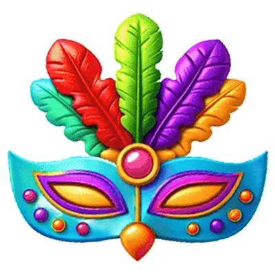 Barevná karnevalová maska s ozdobným tvarem, zdobená barevnými kamínky a pěti pery v zelené, červené, žluté, fialové a tyrkysové barvě.