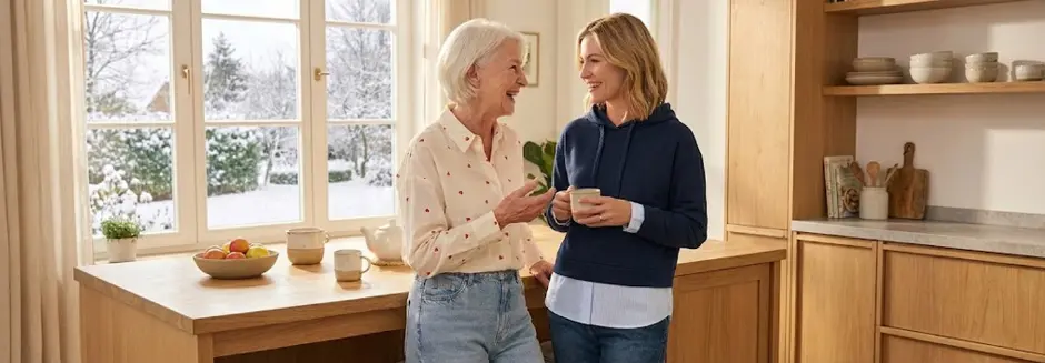 Tři ženy pózují společně u krásně nazdobeného vánočního stromku s dárky a vytvářejí tak sváteční atmosféru