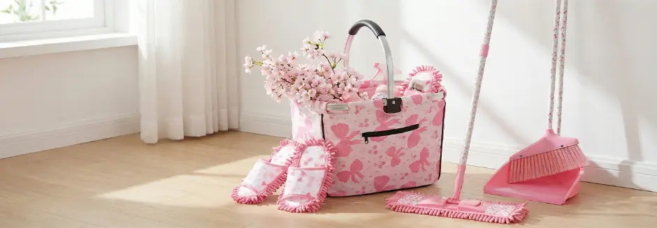 Růžová úklidová sada s mopem, koštětem, lopatkou, úložnou taškou a úklidovými pantoflemi ve světlé místnosti.