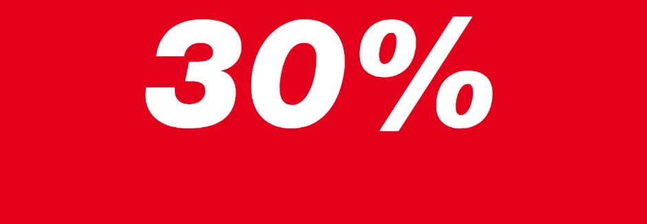 Tučný bílý nápis „30 %“ na výrazném červeném pozadí, označující slevu.