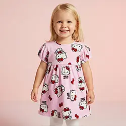 Malá dívka v růžových šatech se zvířecím motivem před růžovým pozadím.