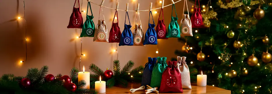 Slavnostní sáčky adventního kalendáře visí na světelném řetězu, s svíčkami a ozdobami vedle krásně ozdobeného vánočního stromku.