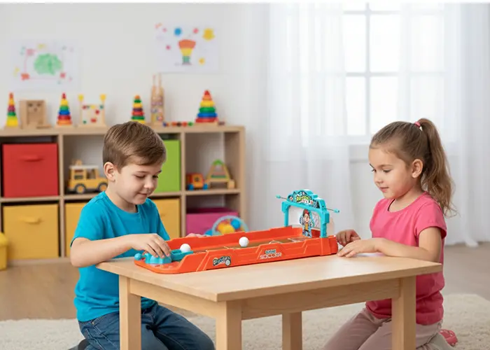 Dvě děti si hrají stolní hru s hračkovou dráhou a barevnými kuličkami v jasném, hravém pokoji plném vzdělávacích hraček.