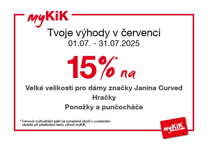 myKiK Akce: 15% sleva na dámské oblečení ve větších velikostech od Janina Curved, hračky, ponožky a punčochové zboží od 1. do 31. července 2025