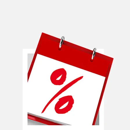 Detail kalendáře s výrazným červeným symbolem procenta na přední straně.