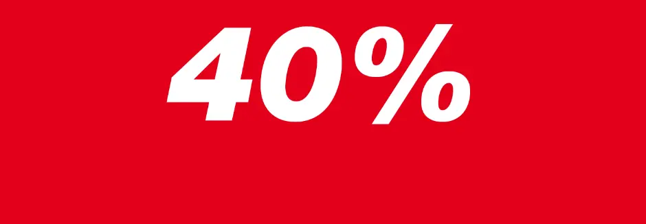 Tučný bílý nápis „40 %“ na výrazném červeném pozadí, označující slevu.