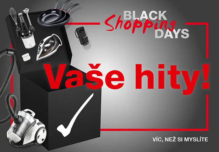 Propagační obrázek pro Černé nákupní dny s černým rámečkem s přístroji a textem upozorňujícím na speciální nabídky a propagační akce.