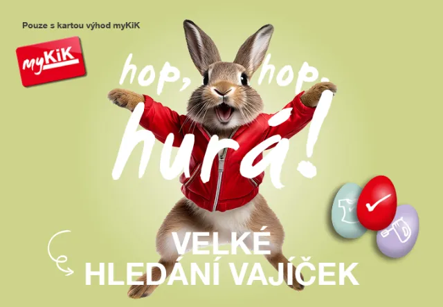 Veselý zajíček v červené bundičce slaví Velikonoce s barevnými vajíčky a propaguje slevovou akci s překvapením pro držitele karty výhod myKiK. Veselý zajíček v červené bundičce slaví Velikonoce s barevnými vajíčky a propaguje slevovou akci s překvapením pro držitele karty výhod myKiK.