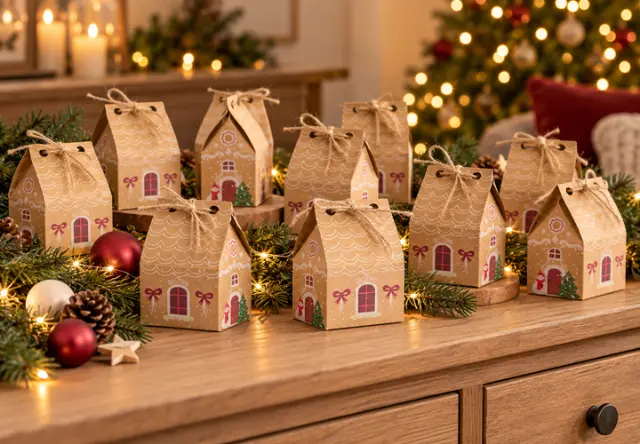 Adventskalender met kleine huisjes om zelf te vullen in een feestelijke kerstdecoratie Adventskalender met kleine huisjes om zelf te vullen in een feestelijke kerstdecoratie