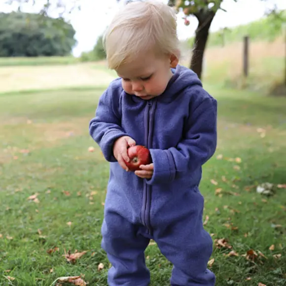 Ein Kleinkind in einem blauen Strampler steht auf einer Wiese und hält Äpfel inmitten einer malerischen Parklandschaft in den Händen. Das Preisschild ist in der Ecke zu sehen.