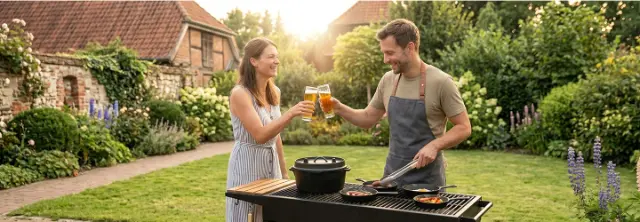 Muž a žena si přiťukávají sklenicemi u grilu v zahradě s květinami, v pozadí cihlový dům.