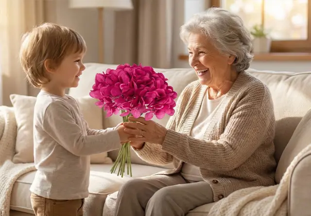 Malé dítě předává starší ženě kytici zářivě růžových květin. Oba sedí na útulné pohovce ve světlém obývacím pokoji.