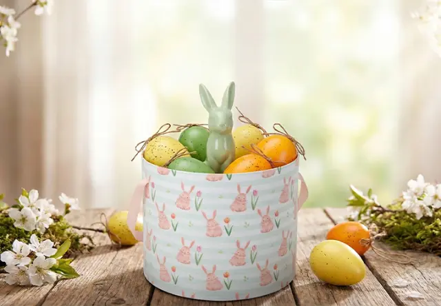 Dekorativní košík plný barevných velikonočních vajíček a zelené figurky zajíčka, obklopený bílými květinami na dřevěném stole.