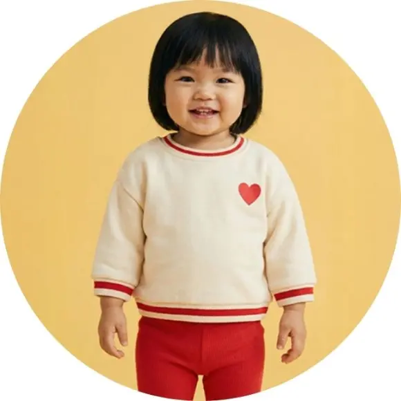 Dítě má na sobě béžovou mikinu s červenými akcenty a malým motivem srdce na žlutém pozadí.