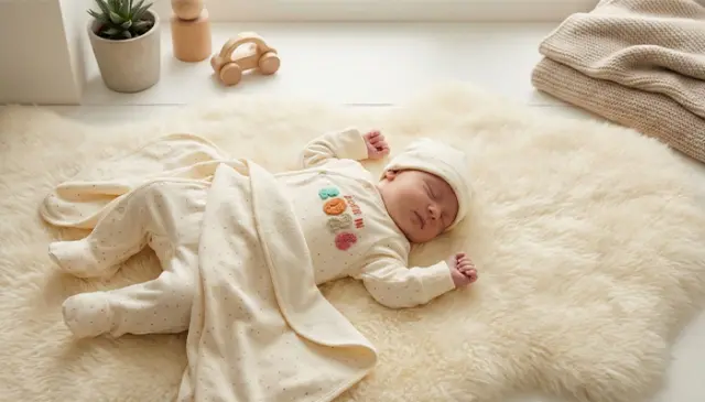 Miminko ve světlém overalu na měkké kožešině, vedle deka a dřevěná hračka.