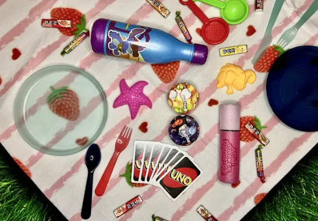 Barevné piknikové prostírání s talíři, nádobím, sladkostmi, hračkami a lahví na pití na dece s jahodovým vzorem.