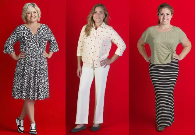 Jedna nebo více žen předvádí stylové outfity před zářivě červeným pozadím – včetně vzorovaných šatů, potištěných topů, kalhot a pruhovaných sukní.