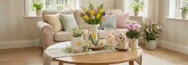 Helles Wohnzimmer mit Frühlingsdeko, Sofa, Blumen, Vasen und dekorativen Wohnaccessoires