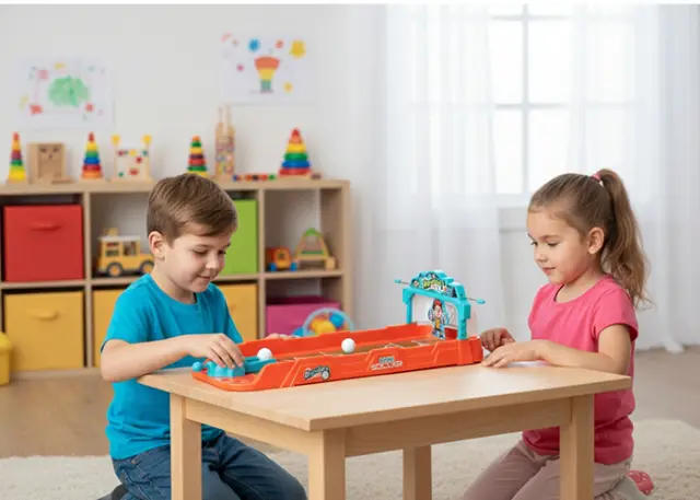 Dvě děti si hrají stolní hru s hračkovou dráhou a barevnými kuličkami v jasném, hravém pokoji plném vzdělávacích hraček.