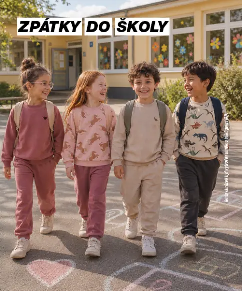 Děti v pohodlných teplákových outfitech s batohy na školním hřišti při návratu do školy