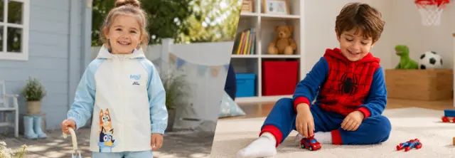 Rozdělený banner s dětským oblečením Bluey a Spider-Man. Vlevo stojí dítě ve světlé pláštěnce Bluey na zahradě, vpravo si dítě v mikině s kapucí Spider-Man hraje s autíčkem v dětském pokoji. Rozdělený banner s dětským oblečením Bluey a Spider-Man. Vlevo stojí dítě ve světlé pláštěnce Bluey na zahradě, vpravo si dítě v mikině s kapucí Spider-Man hraje s autíčkem v dětském pokoji.