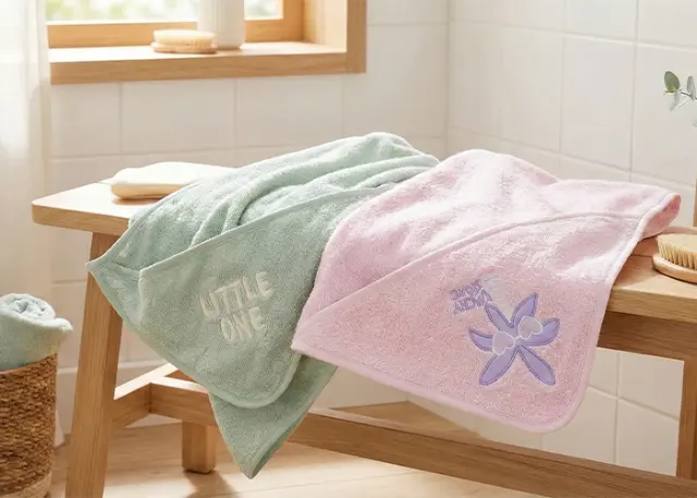 Dva dětské ručníky, jeden zelený s výšivkou „Little One“ a jeden růžový s květinovým motivem, vystavené na dřevěné lavici u okna. Dva dětské ručníky, jeden zelený s výšivkou „Little One“ a jeden růžový s květinovým motivem, vystavené na dřevěné lavici u okna.