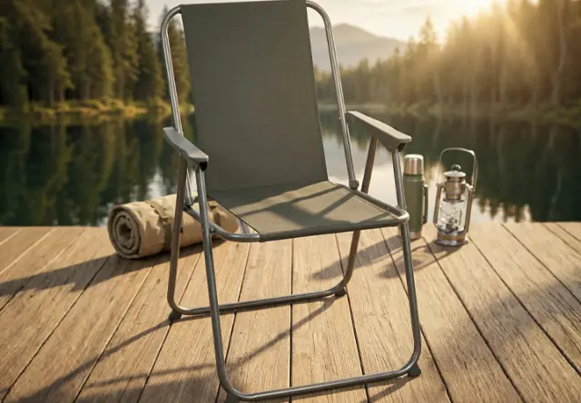Skládací kempingová židle s područkami na dřevěné terase u jezera při západu slunce – ideální pro pohodlný odpočinek venku Skládací kempingová židle s područkami na dřevěné terase u jezera při západu slunce – ideální pro pohodlný odpočinek venku