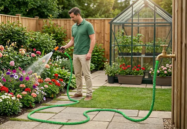 Zahradní hadice s postřikovačem při zalévání květin v upravené zahradě – praktické zahradní příslušenství pro snadnou a efektivní péči o rostliny Zahradní hadice s postřikovačem při zalévání květin v upravené zahradě – praktické zahradní příslušenství pro snadnou a efektivní péči o rostliny