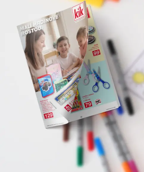 Leták KiK se školními potřebami pro návrat do školy na kreativním pozadí