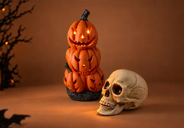 Halloweenská dekorace se svítícími dýněmi a lebkou