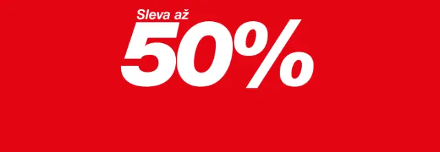 Červené pozadí s tučným bílým nápisem „Až -50 %“, který upozorňuje na slevy až do 50 %.