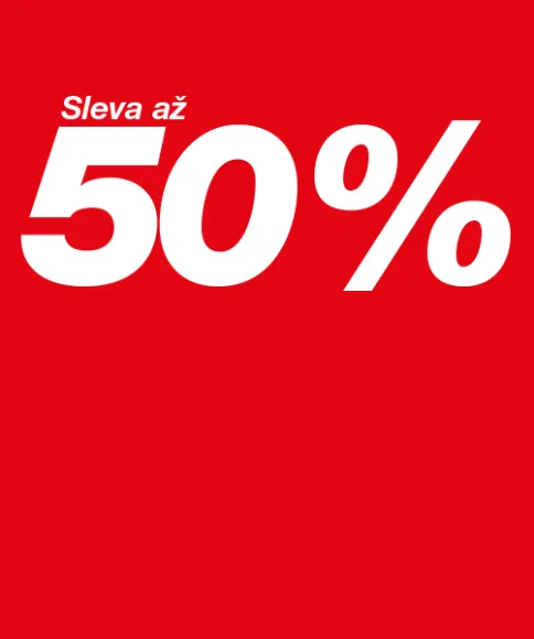 Červené pozadí s tučným bílým nápisem „Až -50 %“, který upozorňuje na slevy až do 50 %.