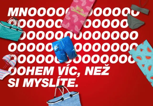 Barevné oblečení na výrazném červeném pozadí s hravou grafikou a textem „SO MUCH MORE THAN YOU THINK“.