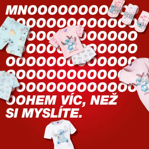 Barevné dětské oblečení na výrazném červeném pozadí s hravou grafikou a textem „SO MUCH MORE THAN YOU THINK“.