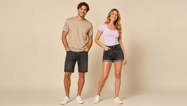 Žena a muž v basic tričkách a džínových kraťasech pro ležérní letní outfit Žena a muž v basic tričkách a džínových kraťasech pro ležérní letní outfit
