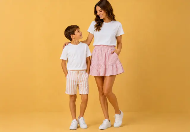 Žena a chlapec v ležérních letních outfitech stojí před žlutým pozadím a dívají se na sebe.