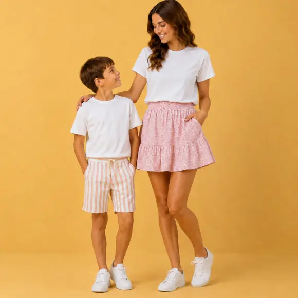 Žena a chlapec v ležérních letních outfitech stojí před žlutým pozadím a dívají se na sebe.