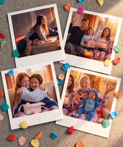 Čtyři fotografie zachycují šťastné rodinné chvíle s dětmi v pohodlných pyžamech Stitch při mazlení a oslavách