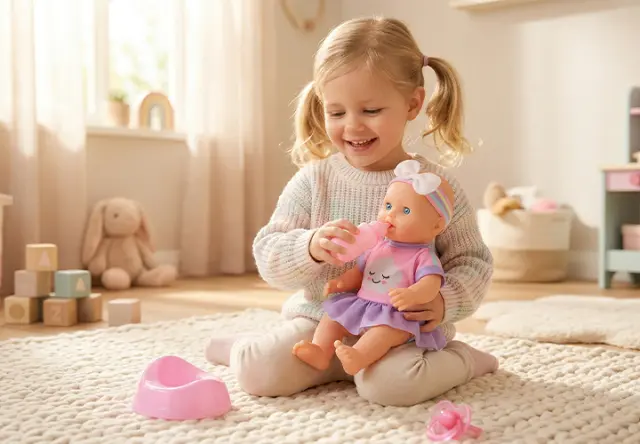 Malé dítě s copánky sedí na koberci a krmí panenku z hračky v jasné, útulné místnosti.