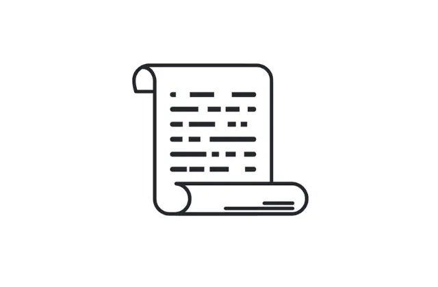 Jednoduchý liniový nákres svitku s textem – symbol historických dokumentů nebo písemných záznamů.