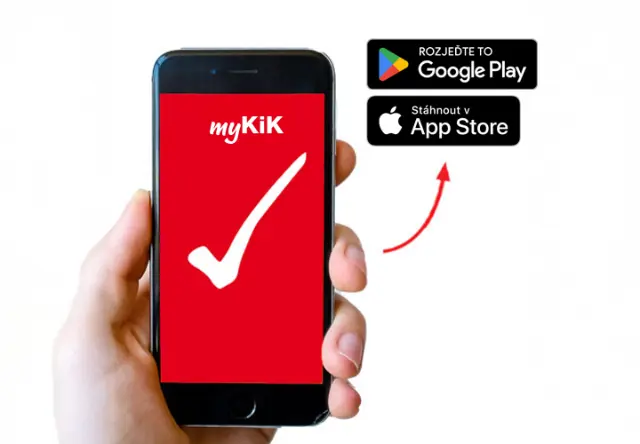 Smartphone s červenou zamykací obrazovkou a bílým nápisem ‚myKiK‘, vedle šipka směřující k odznakům Google Play a App Store Smartphone s červenou zamykací obrazovkou a bílým nápisem ‚myKiK‘, vedle šipka směřující k odznakům Google Play a App Store