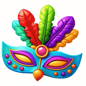 Barevná karnevalová maska s ozdobným tvarem, zdobená barevnými kamínky a pěti pery v zelené, červené, žluté, fialové a tyrkysové barvě.