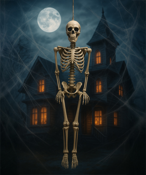 Een skelet hangt aan een touw voor een spookhuis, verlicht door de volle maan en omringd door spinnenwebben.